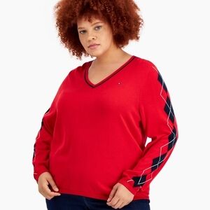 Tommy Hilfiger Women's Red V-Neck Sweater with Argyle Sleeves
